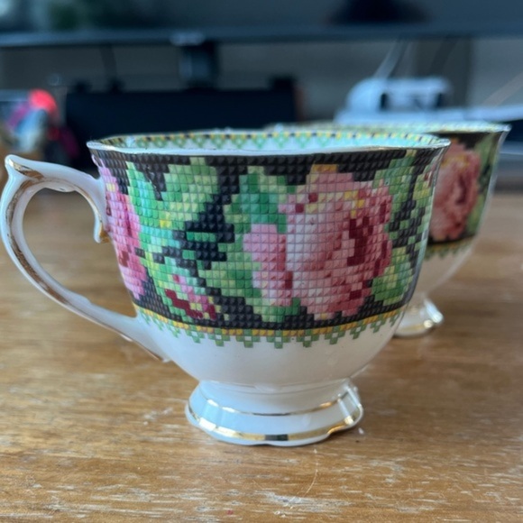 Royal Albert Crown China Needlepoint Rose Teacups - Set of 2 - Picture 1 of 6